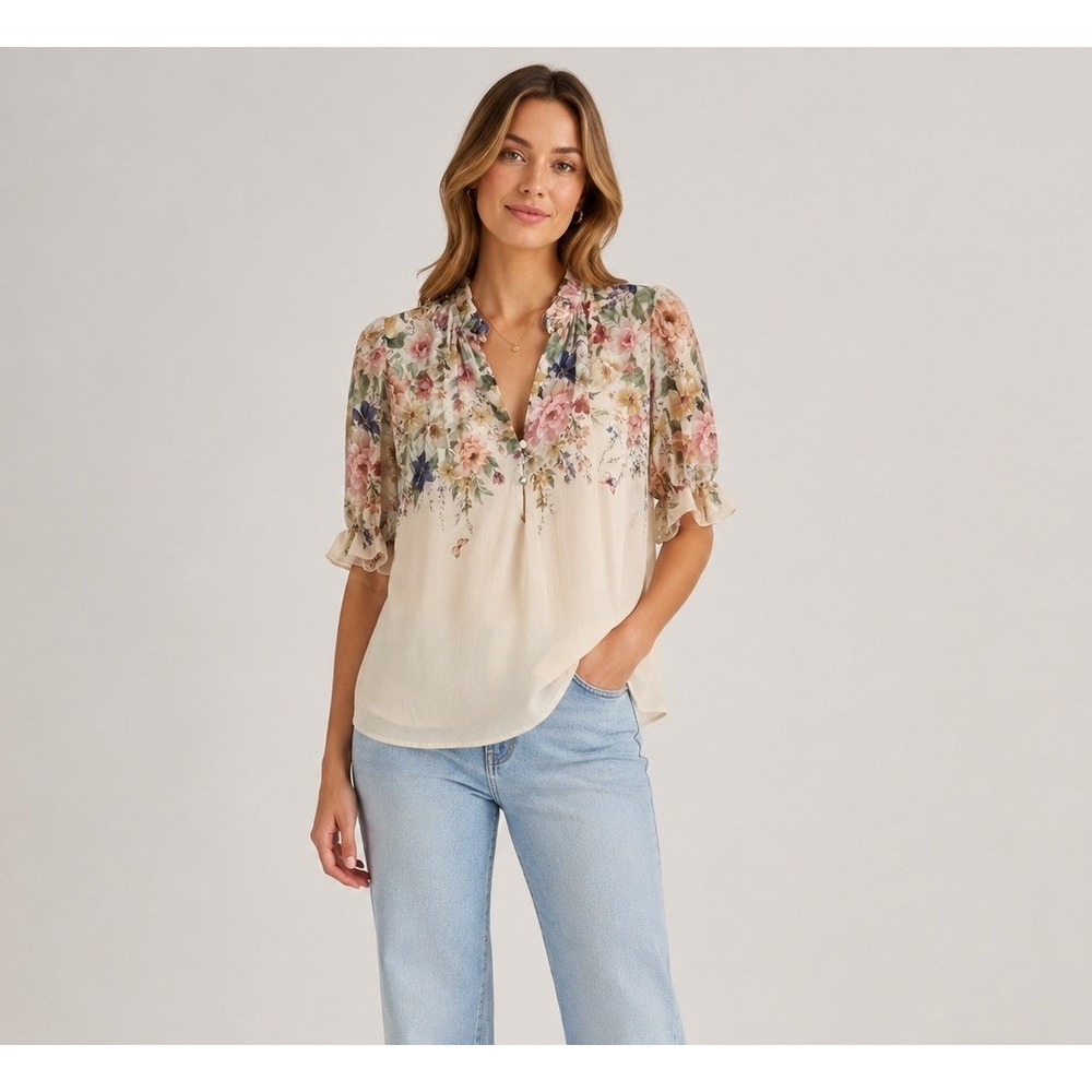 Autres Filles Top Womens Small Cream Floral Butterfly Chiffon Ruffle Cottagecore